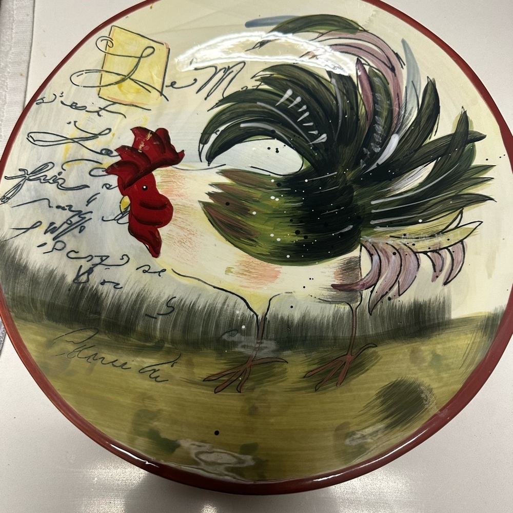 Hand-Painted Rooster Decorative Wall Plate - Green and Red